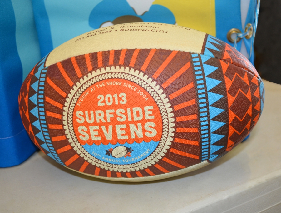 Surfside Sevens brand on the tournament Rugby Ball