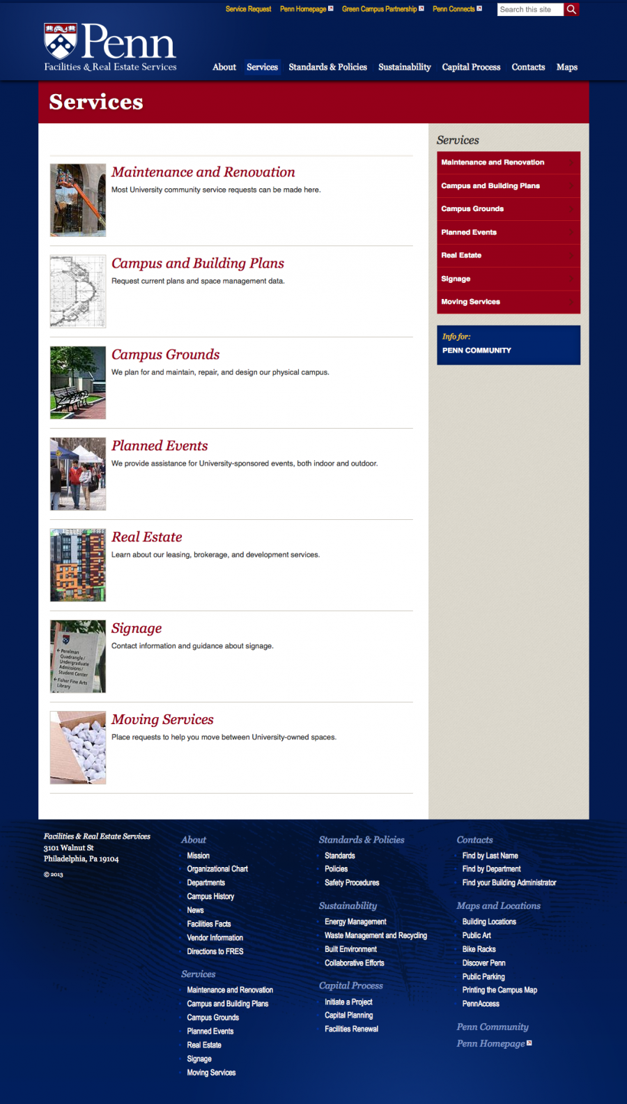 Penn Facilities and Real Estate Services Internal Landing Page of Services