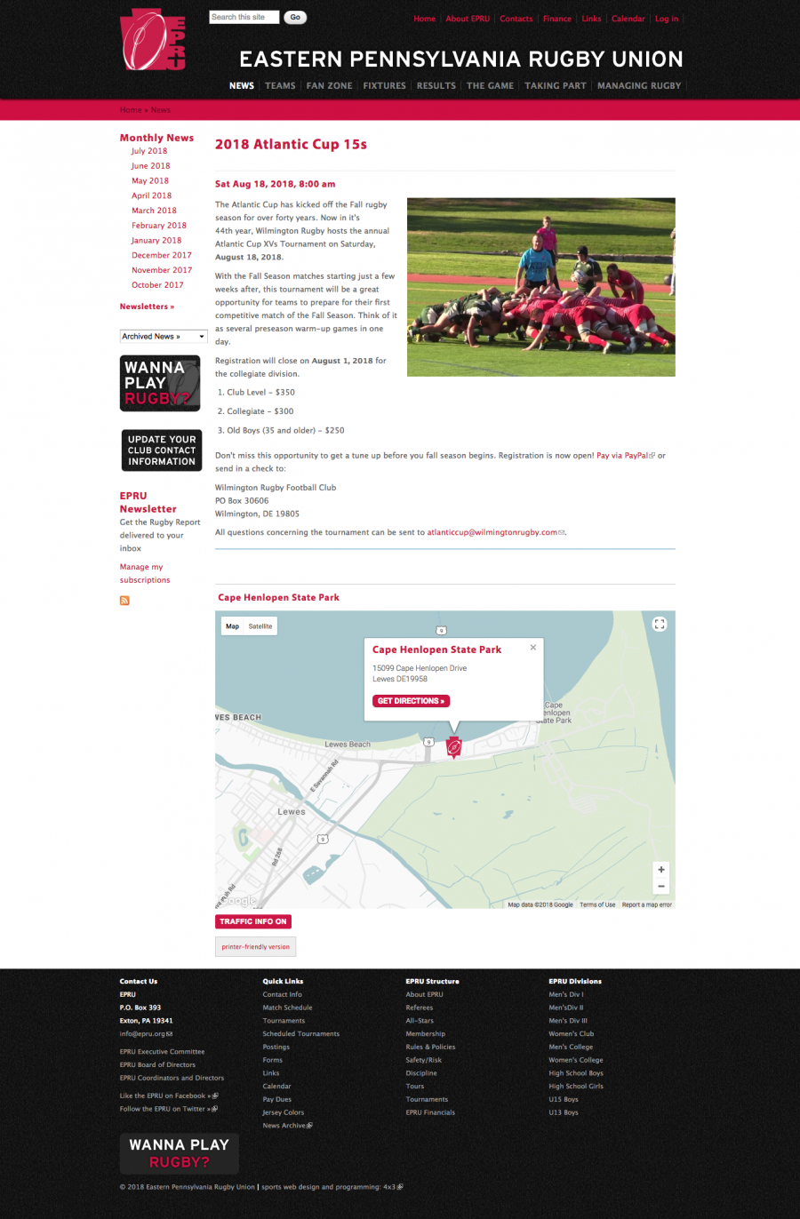 Eastern Pennsylvanian Rugby Union Map on Tournament Landing Pages