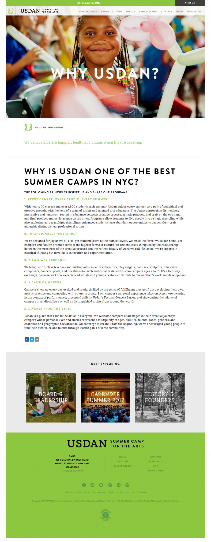 Usdan Landing Page, about the summer camp / frequently asked questions
