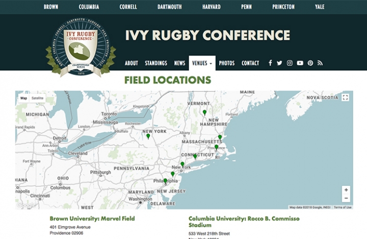 Field Locations for the Ivy Rugby Conference, 8 Schools 